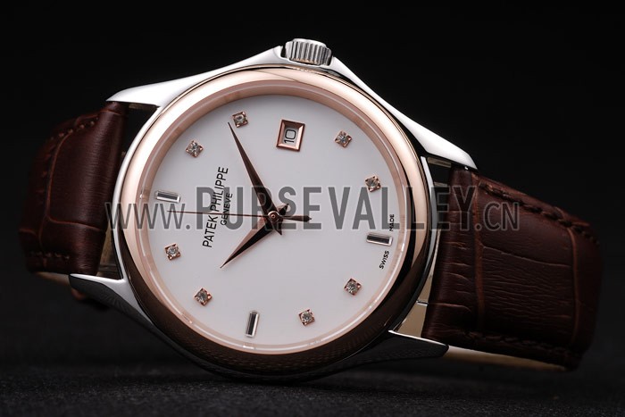 Patek Philippe Geneve Calatrava Crystal Studded Hour Marker White Dial Brown Leather Strap