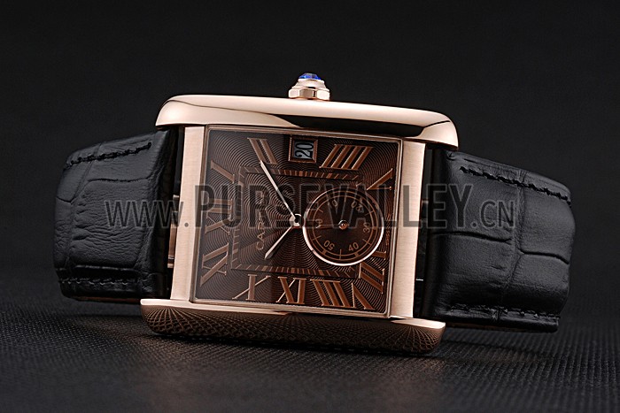 Cartier Tank MC Brown Dial Gold Case Black Leather Strap 622581