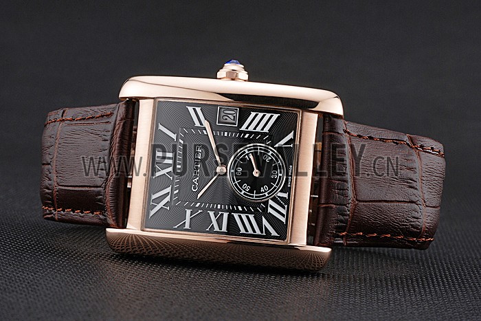 Cartier Tank MC Black Dial Gold Case Brown Leather Strap 622582