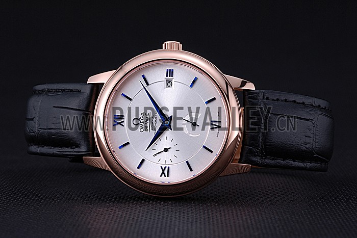 Omega DeVille Prestige Silver Dial Gold Case Black Leather Bracelet 622593