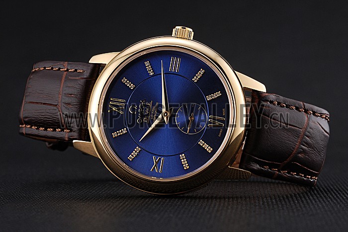 Omega DeVille Prestige Small Seconds Blue Dial Gold Case Brown Leather Bracelet 622601