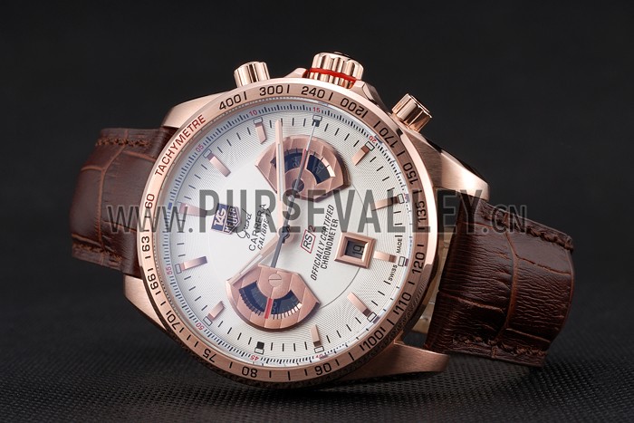 Tag Heuer Carrera Rose Gold Case White Dial Brown Leather Strap 98245