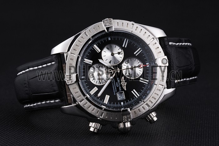 Breitling Chronomat 13 Stainless Steel Case Black Dial Black Leather Bracelet 622237