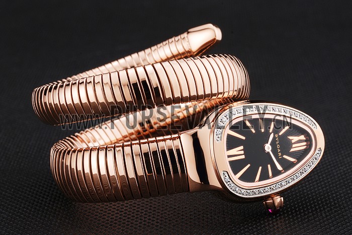 Bvlgari Serpenti 23mm Black Dial Rose Gold Case With Diamonds Rose Gold Bracelet