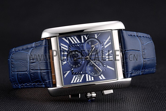 Cartier Tank MC Blue Dial Stainless Steel Case Blue Leather Bracelet 622691