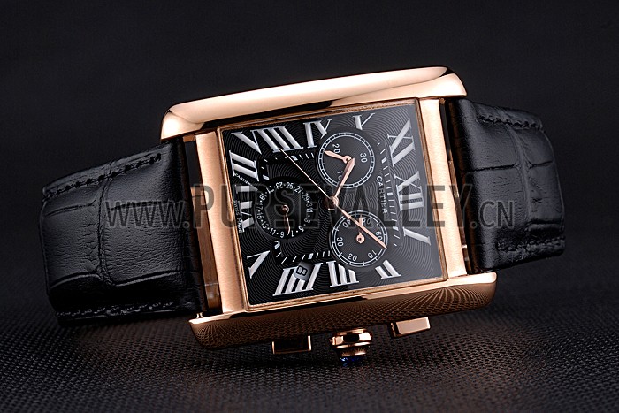 Cartier Tank MC Black Dial Gold Case Black Leather Bracelet 622694