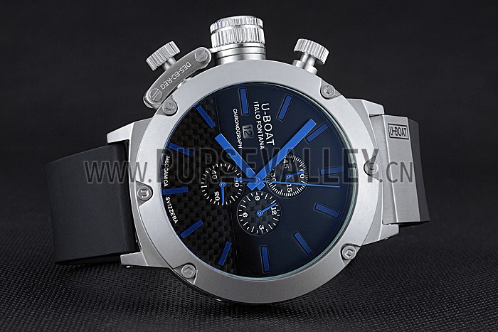 U-Boat Italo Fontana Black Carbon Dial Blue Hour Marks Stainless Steel Case Rubber Bracelet 622708