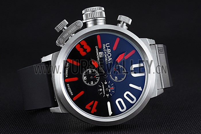 U-Boat 1001 Red On Black Dial Stainless Steel Case Rubber Bracelet 622712