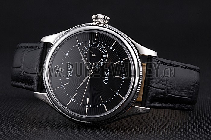 Rolex Cellini Black Dial Stainless Steel Case Black Leather Bracelet 622724