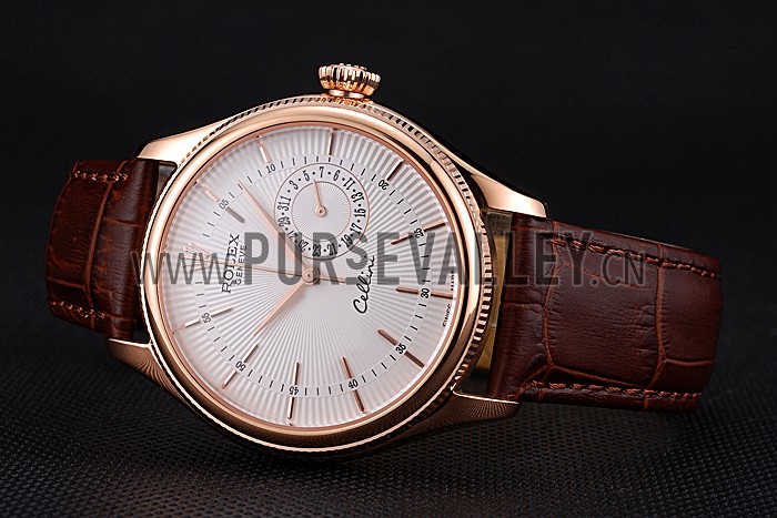 Rolex Cellini White Rose Dial Gold Case Brown Leather Bracelet 622725