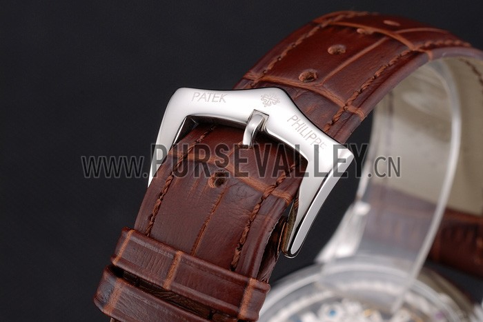 Patek Philippe Dual Time Moonphase Tourbillon White Skeletonised Dial Stainless Steel Case Brown Leather Strap