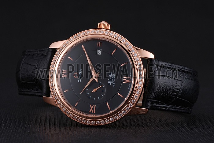Omega De Ville Prestige Co-Axial Black Dial Rose Gold Diamond Case Black Leather Strap Roman Numeral