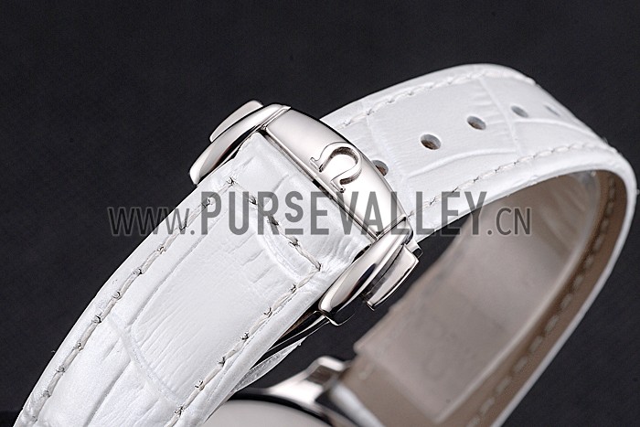 Omega DeVille Prestige Co-Axial Diamond Silver Case Mother-Of-Pearl Dial White Leather Strap