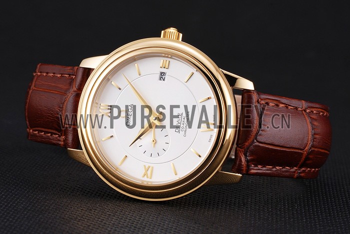 Omega De Ville Prestige Co-Axial White Dial Gold Case Brown Leather Strap Roman Numeral