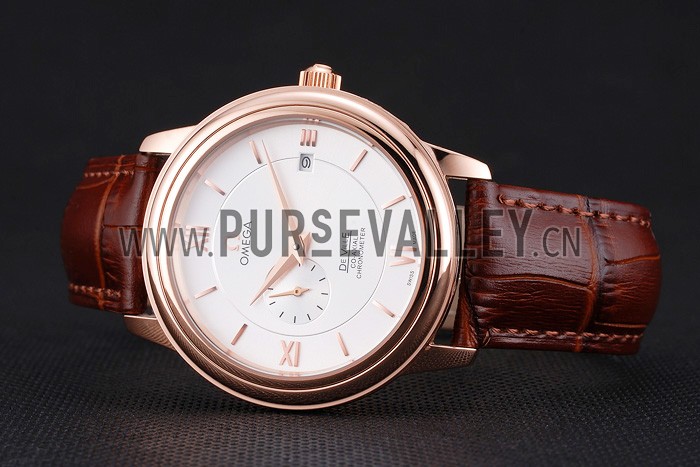Omega De Ville Prestige Co-Axial White Dial Rose Gold Case Brown Leather Strap Roman Numeral