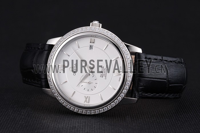 Omega De Ville Prestige Co-Axial White Dial Silver Diamond Case Black Leather Strap Roman Numeral