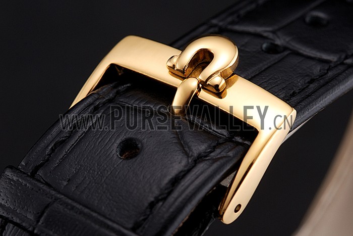 Omega De Ville Prestige White Dial Gold Case Black Leather Strap