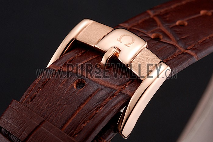 Omega De Ville Prestige White Dial Rose Gold Case Brown Leather Strap