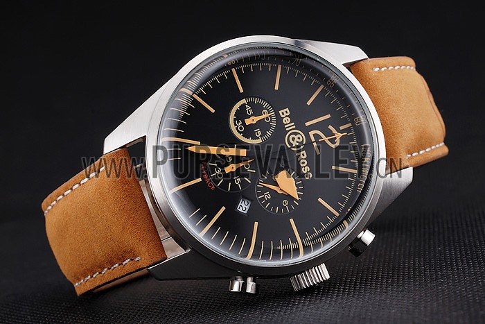 Bell and Ross BR126 Flyback Black Dial Silver Case Gold Numerals Brown Suede Leather Strap