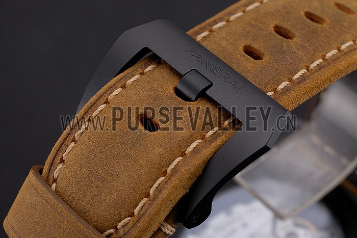 Swiss Panerai Luminor Ceramica Flyback Chronograph Black Dial Black Case Brown Leather Strap