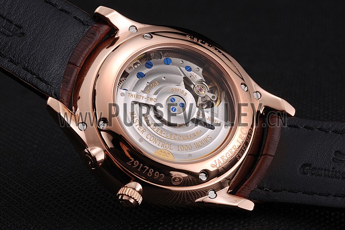 Swiss Jaeger LeCoultre Master Ultra Thin Reserve De Marche Silver Dial Diamond Bezel Rose Gold Case Brown Leather Strap