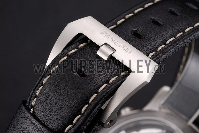 Swiss Panerai Luminor Flyback Chronograph Black Dial Stainless Steel Case Black Leather Strap