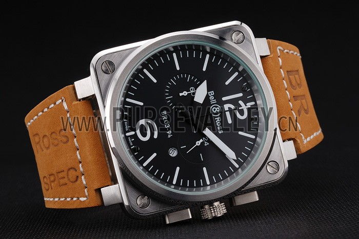 Bell and Ross BR 03-94 Black Dial Silver Case Brown Leather Strap
