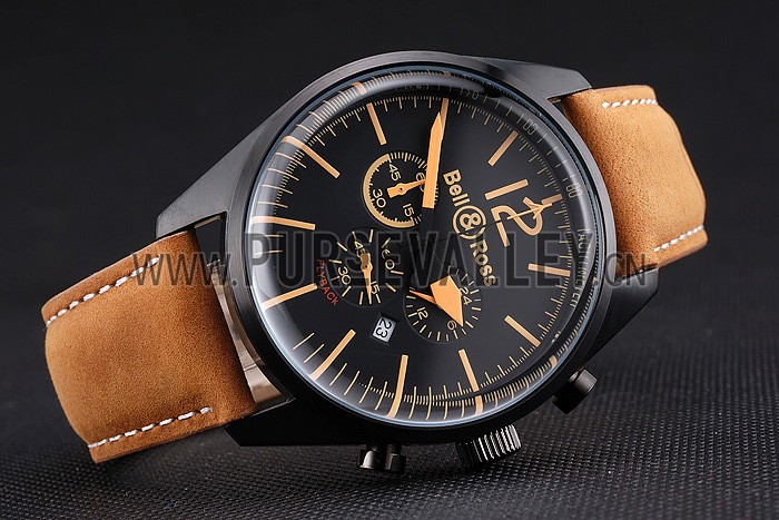 Bell and Ross BR126 Flyback Black Dial Black Case Gold Numerals Brown Suede Leather Strap