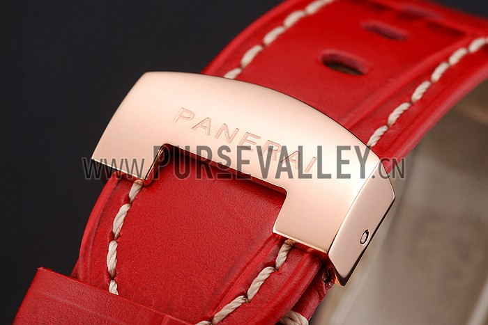 Swiss Panerai Luminor Marina Black Dial Rose Gold Case Red Leather Strap