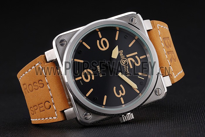 Bell and Ross BR 01-92 Black Dial Silver Case Gold Numerals Brown Leather Strap