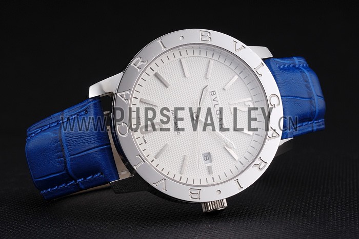 Bvlgari Novelties White Dial Silver Case Blue Leather Strap
