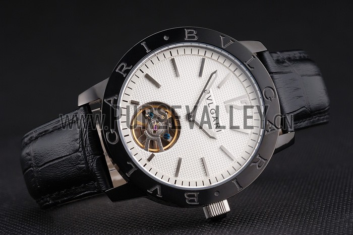Bvlgari Tourbillon White Dial Black Case Black Leather Strap