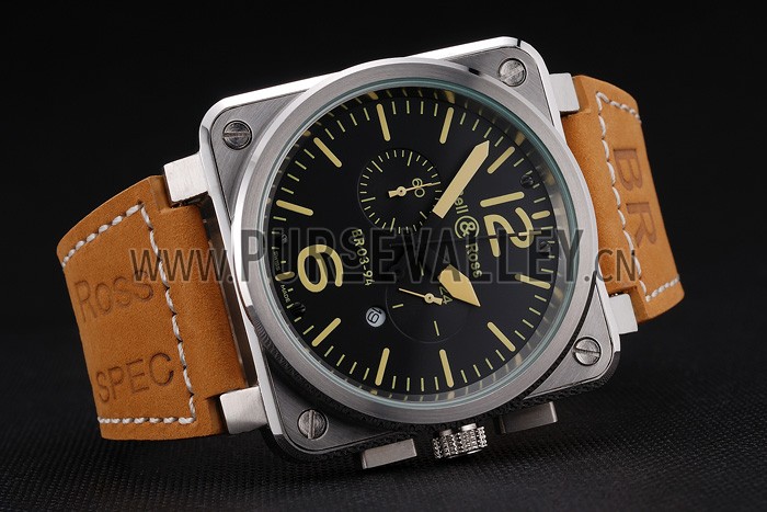 Bell and Ross BR 03-94 Black Dial Silver Case Brown Leather Strap