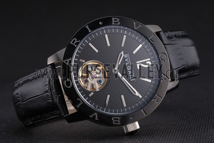 Bvlgari Tourbillon Black Dial Black Case Black Leather Strap