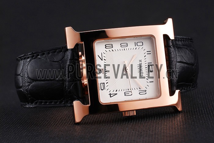 Hermes Heure H White Dial Gold Case Black Leather Strap
