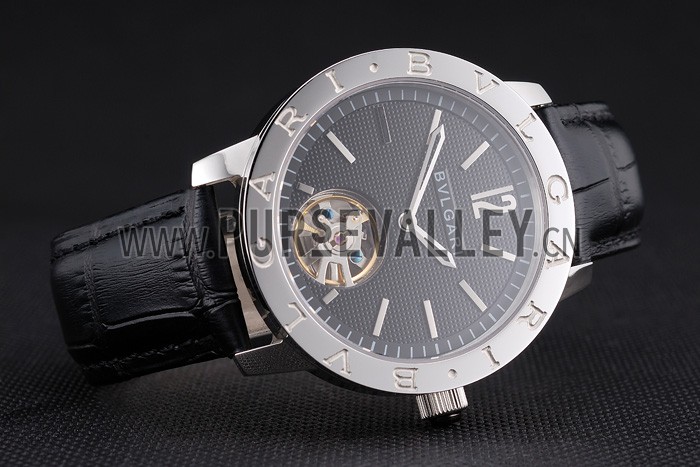 Bvlgari Tourbillon Black Dial Silver Case Black Leather Strap