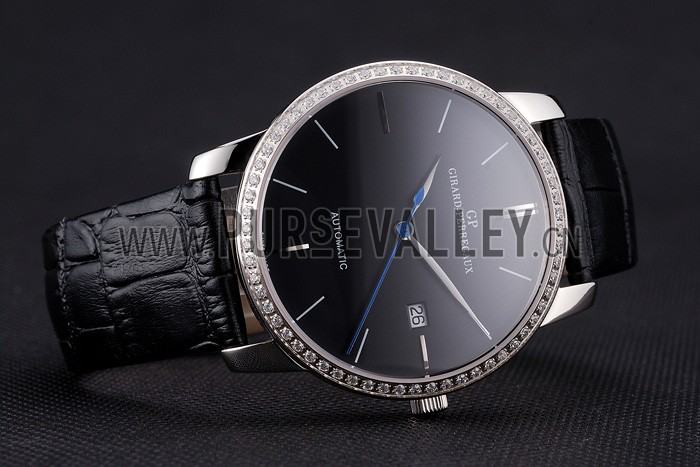 Swiss Girard-Perregaux 1966 Black Dial Silver Diamond Case Black Leather Strap