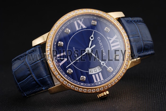 Swiss Cartier Ronde Solo Blue Dial Gold Diamond Case Blue Leather Strap