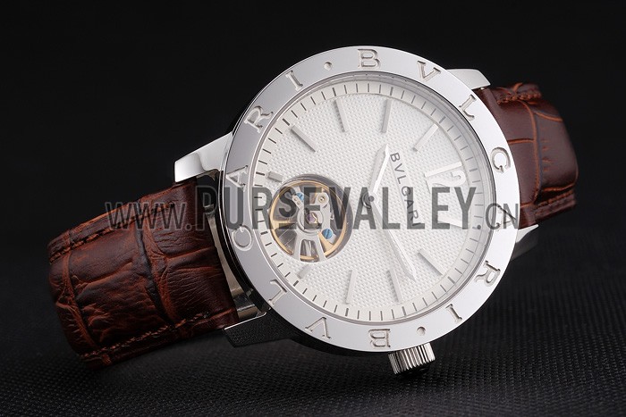 Bvlgari Tourbillon White Dial Silver Case Brown Leather Strap