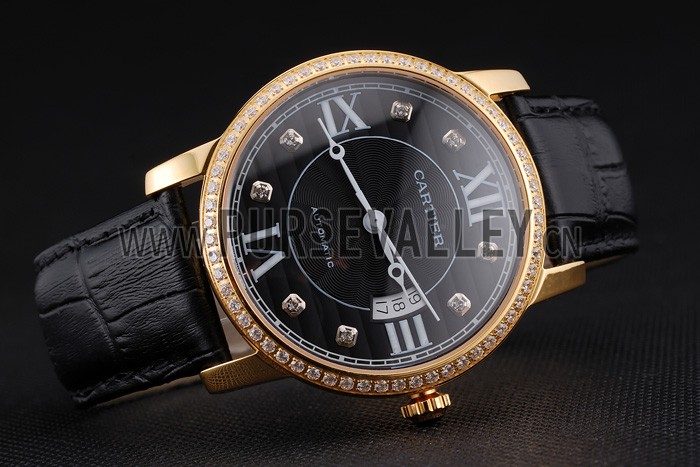 Swiss Cartier Ronde Solo Black Dial Gold Diamond Case Black Leather Strap