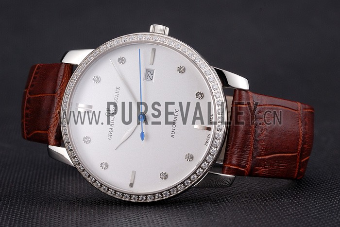 Swiss Girard-Perregaux 1966 White Dial Silver Diamond Case Brown Leather Strap