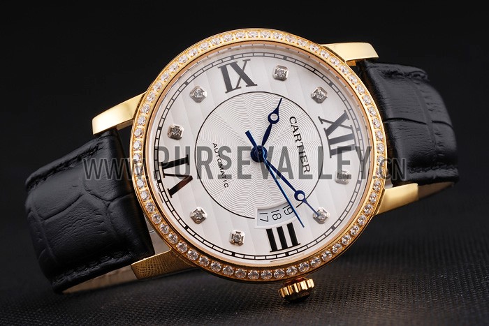 Swiss Cartier Ronde Solo White Dial Gold Diamond Case Black Leather Strap