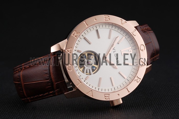 Bvlgari Tourbillon White Dial Gold Case Brown Leather Strap