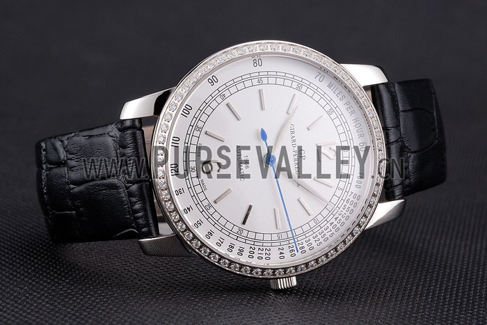 Swiss Girard-Perregaux 1966 Automatic White Dial Silver Diamond Case Black Leather Strap