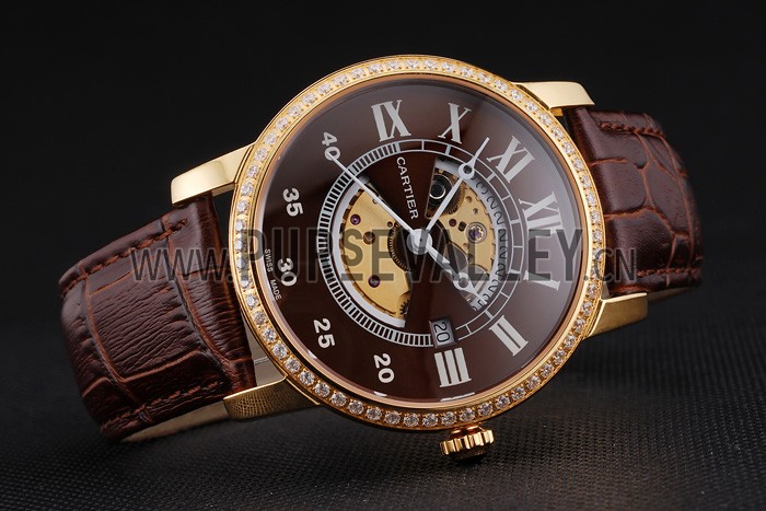 Swiss Cartier Rotonde Small Complication Brown Dial Gold Diamond Case Brown Leather Strap