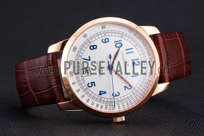 Swiss Girard-Perregaux 1966 Automatic White Dial Gold Case Blue Numerals Brown Leather Strap