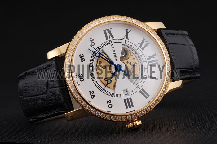 Swiss Cartier Rotonde Small Complication White Dial Gold Diamond Case Black Leather Strap