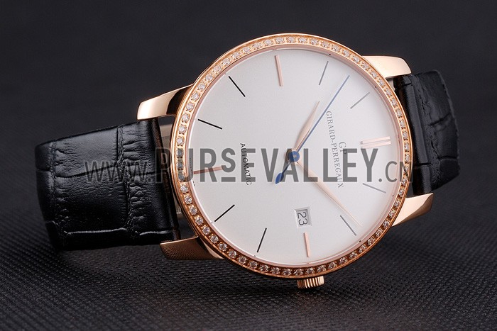 Swiss Girard-Perregaux 1966 White Dial Gold Diamond Case Black Leather Strap