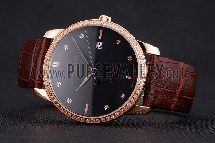 Swiss Girard-Perregaux 1966 Black Dial Gold Diamond Case Brown Leather Strap