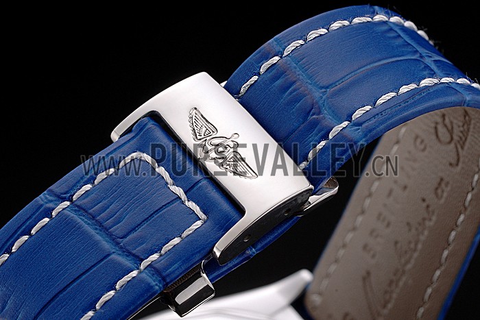 Breitling Chronomat Blue Dial Rose Gold Bezel And Subdials Stainless Steel Case Blue Leather Strap